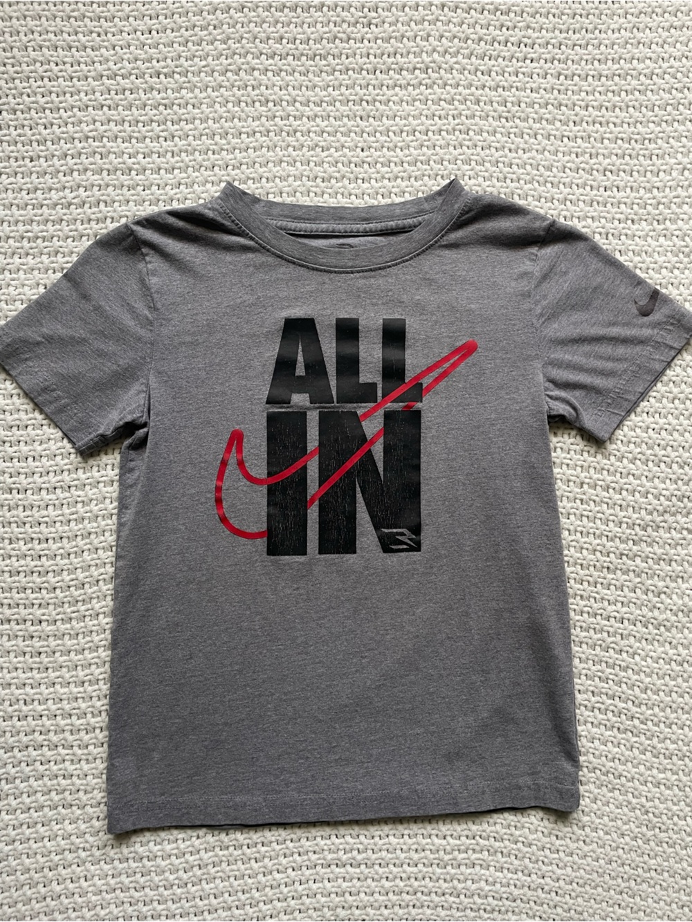 Nike Gray Short Sleeve 'ALL IN' Graphic Tee with Red Swoosh